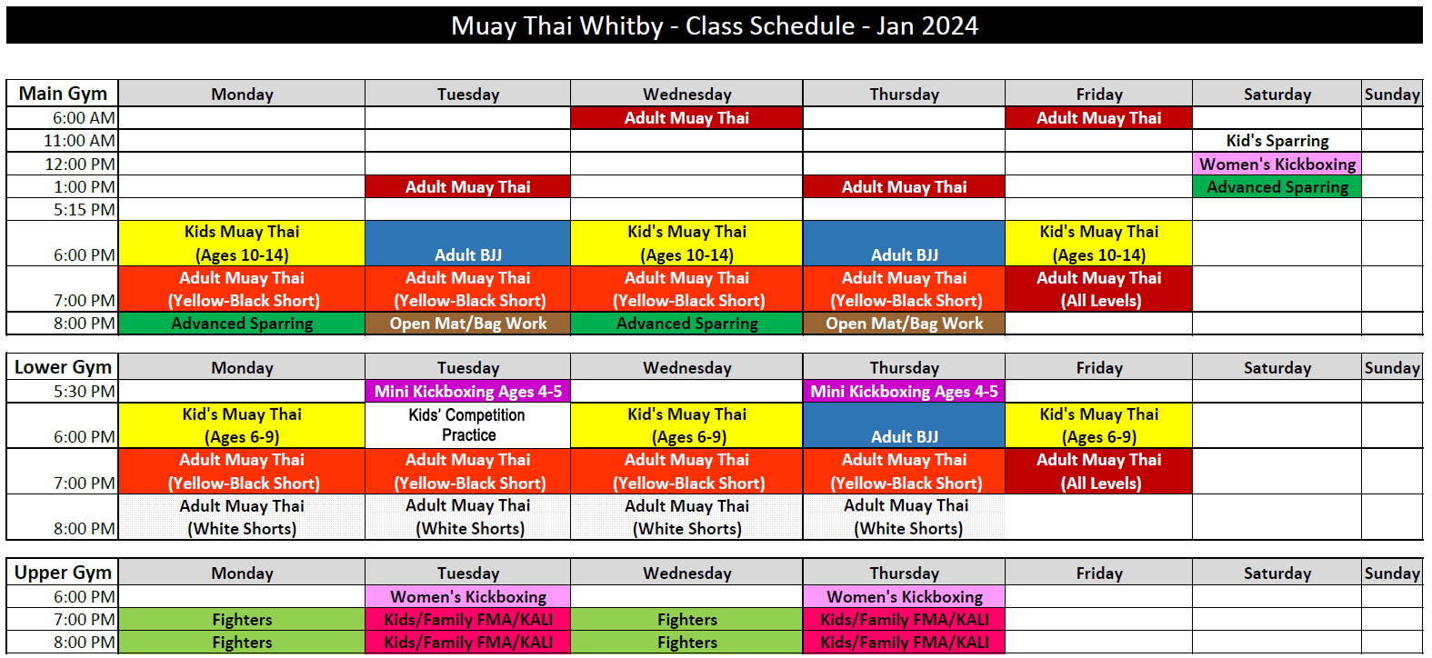 Muay Thai Whitby Kickboxing, BJJ, & Muay Thai Schedule